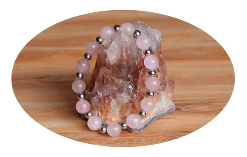 Pulsera Cuarzo Rosa Piedra Natural Y Acero Quirúrgico 316 L