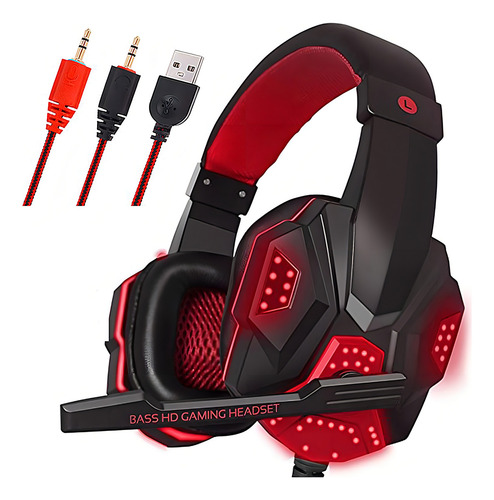 Auriculares Elogin Gamer con micrófono y LED modelo E-830, color negro claro, color rojo