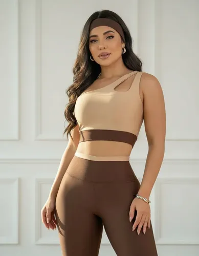 Conjunto Feminino Fitness Calça Legging Cós Alto E Top Gota Bege/ Marrom  Gg