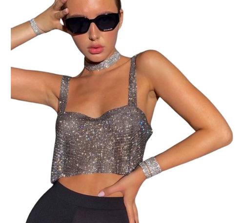 Crop Top Brillantes Dorado Plateado Diamantes Blusa Brillos