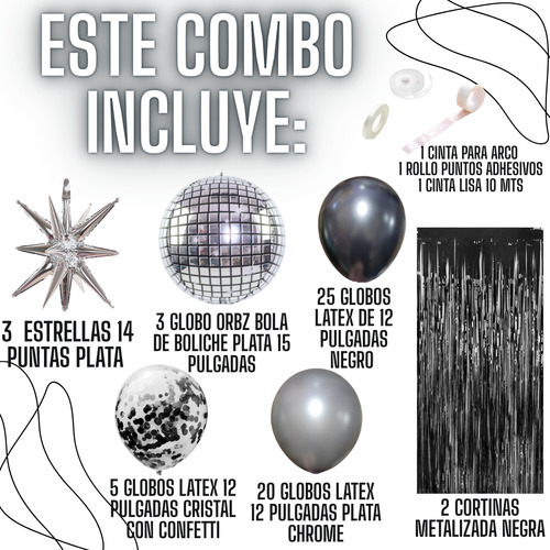 Combo Globos Deco Fiesta Tematica Kit Bola Boliche Plateado