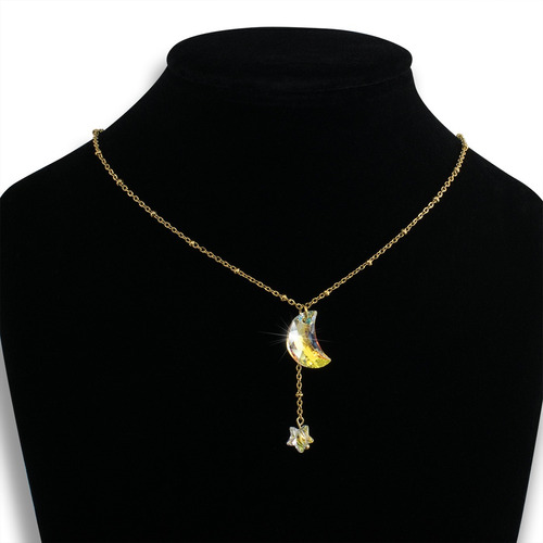 Collares Mujer Luna Y Estrella Swarovski  Cadena Acero Oro