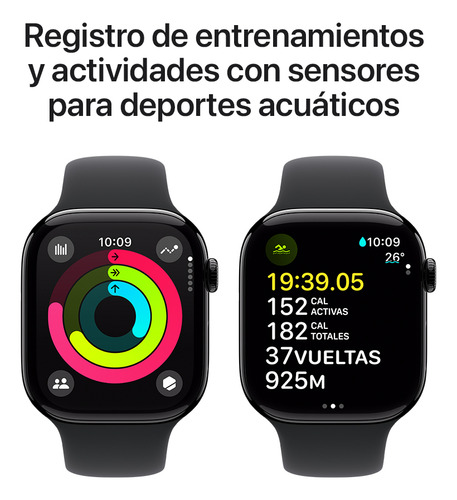 Apple Watch Series 10 GPS • Caja de aluminio negro azabache de 46 mm • Correa deportiva negra - M/L - Excelente (Reacondicionado)