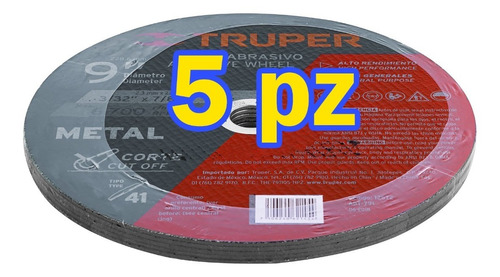 5 Pz Disco 9'' Corte Metal 2.3mm Tipo 41 Esmer Truper 12572 