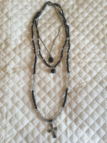 Colar Camadas Longo Choker Cristal Crucifixo Preto E Metal