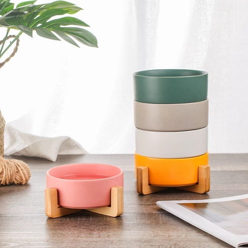 Comedero Bebedero Ceramico Base Madera Gato Perro Naranja S