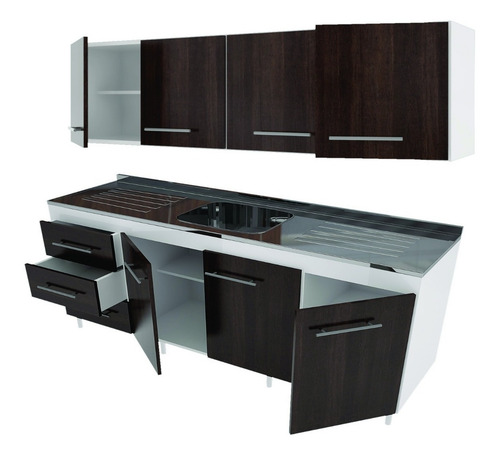 Combo Cocina 1.60 Bajo Mesada + Alacena + Mesada Acero Bacha
