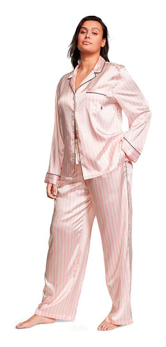 Pijama Victoria's Secret Satin Conjunto Rosa A Rayas