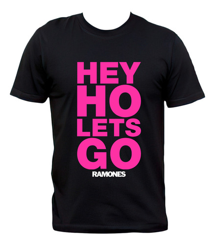 Remera Negra Ramones Hey Ho Let's Go Logo Rosa