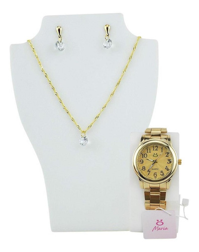 Relógio Feminino Dourado Caixa Colar+brinco Nfe Qualidade