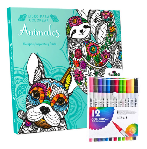 Libro Mandala Animales + 12 Plumones Doble Punta Fina/gruesa