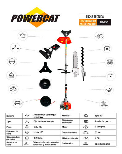 Desbrozadora Multifuncional Powercat Pcmf52 A Gasolina 3 Hp