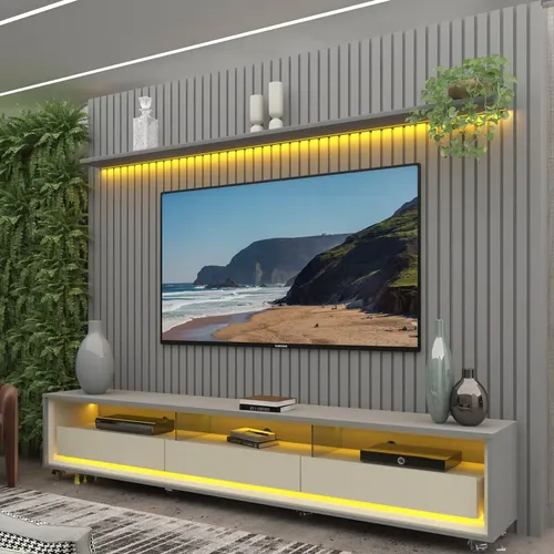 Rack com Painel Ripado para TV de até 90" com LED, 3 Gavetas e Rodízios