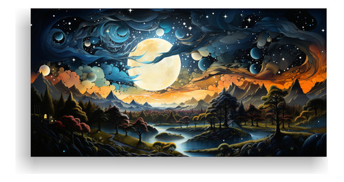 60x30cm Cuadro Tela Inspirador Paisajes Con Luna Y Montañas