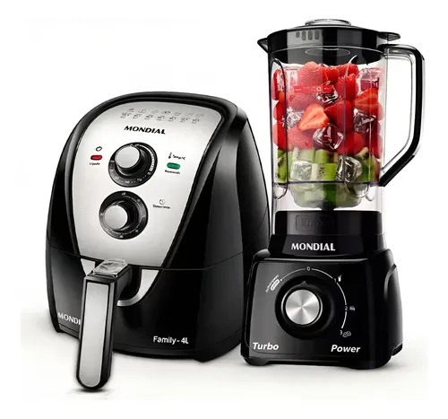 Fritadeira Elétrica Air Fryer Mondial + Liquidificador - Preto Com Inox