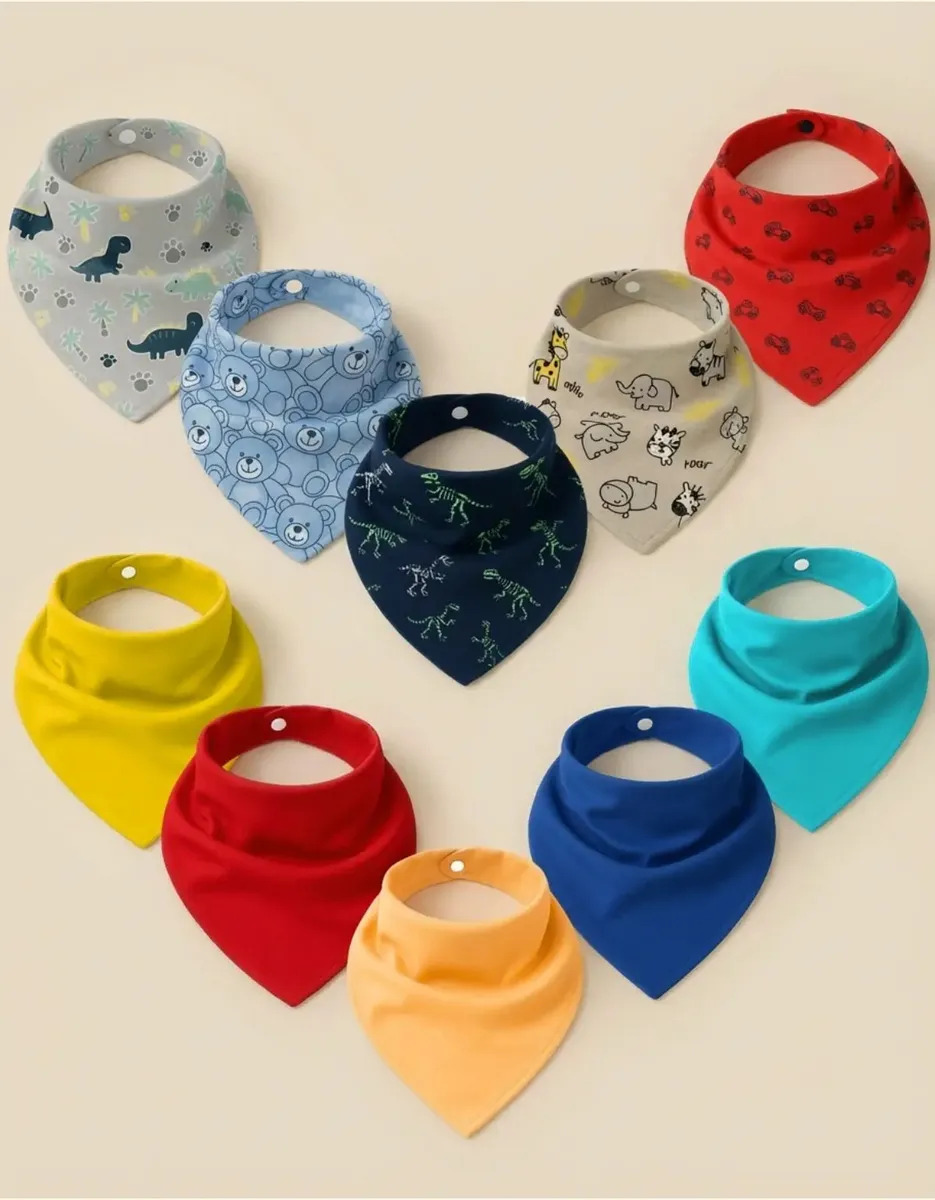 Kit 10 Babador Bandana Bebe Algodao Ajuste Regulavel Botão Babador Menino Misto Tamanho Único