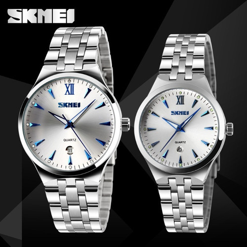 Reloj De Pareja Skmei Quartz Calendar Waterproof 2 Piezas Color Del Fondo Azul