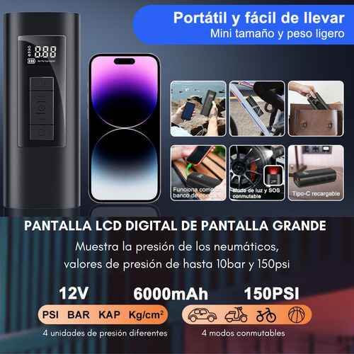 Compresor De Aire Portatil A Batería Inflador Neumaticos Color Negro Fase eléctrica Bifásica Frecuencia 60Hz