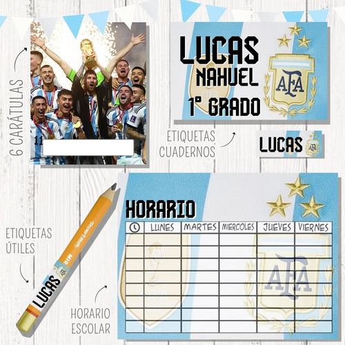 Kit Imprimible Etiquetas Escolares Argentina Campeón 