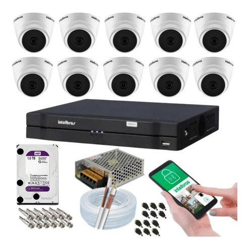 Kit 10 Câmeras Dome Intelbras 1120d Dvr 16 Canais Com Hd
