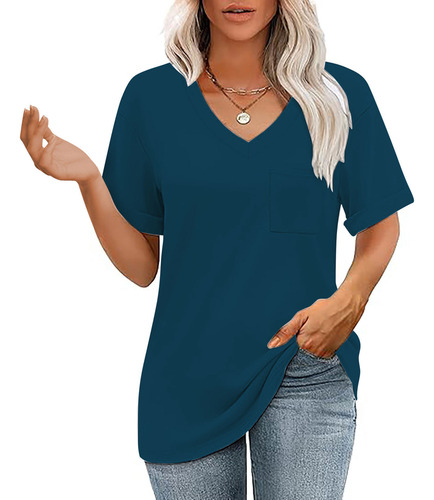 Top Casual De Verano De Manga Corta Con Cuello En V De Color