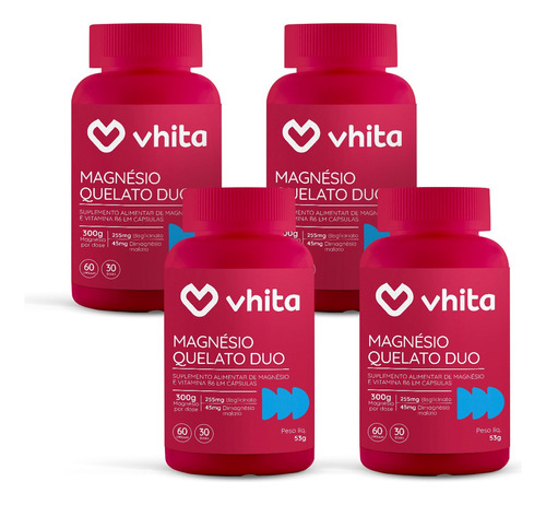 Magnésio Dimalato Quelato e Magnésio Bisglicinato com Vitamina B6 300mg (4 unidades) Vhita