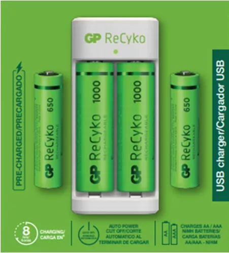 Cargadores: Cargador USB para pilas AA - AAA con 2 pilas AA y 2 pilas AAA  GP RECYKO