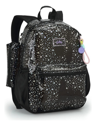 Mochila Costas Mais Estojo Glitt Estrelas Meninas Cor Preto Desenho Do Tecido Seanite
