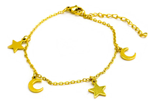 Pulsera Dijes Oro 18 Kilates Estrellas Lunas 18 A 21cm Ajust