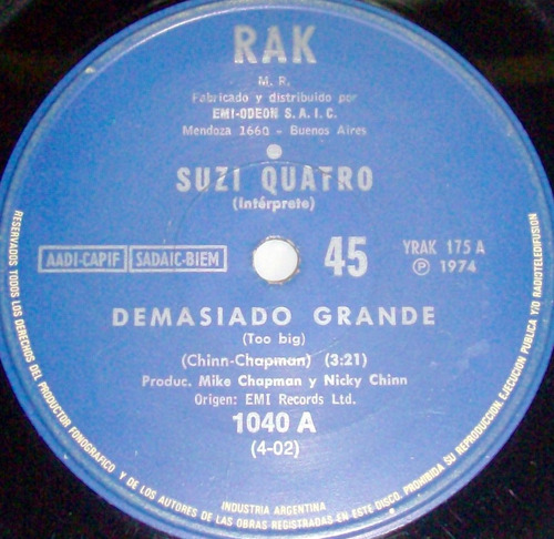 Suzi Quatro - Demasiado Grande / Quiero Ser Libre 7´´ (1974)