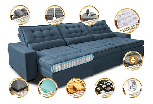 Sofá Retrátil e Reclinável 3,82m com Molas Ensacadas Cama Inbox Gold Tecido Suede Velusoft Azul