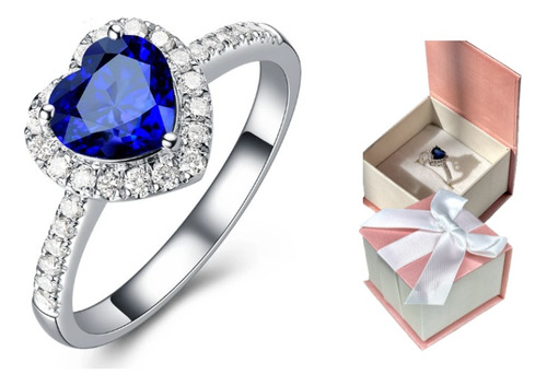 Anillo Corazón Azul Radiante + Caja Con Moño