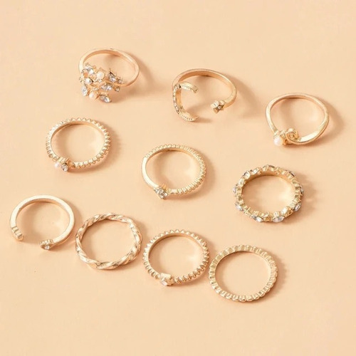 Set Conjunto Anillos Luna Y Perlas Dorado