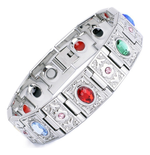 Pulsera Brazalete Acero Titanio Cristales Terapia Imanes