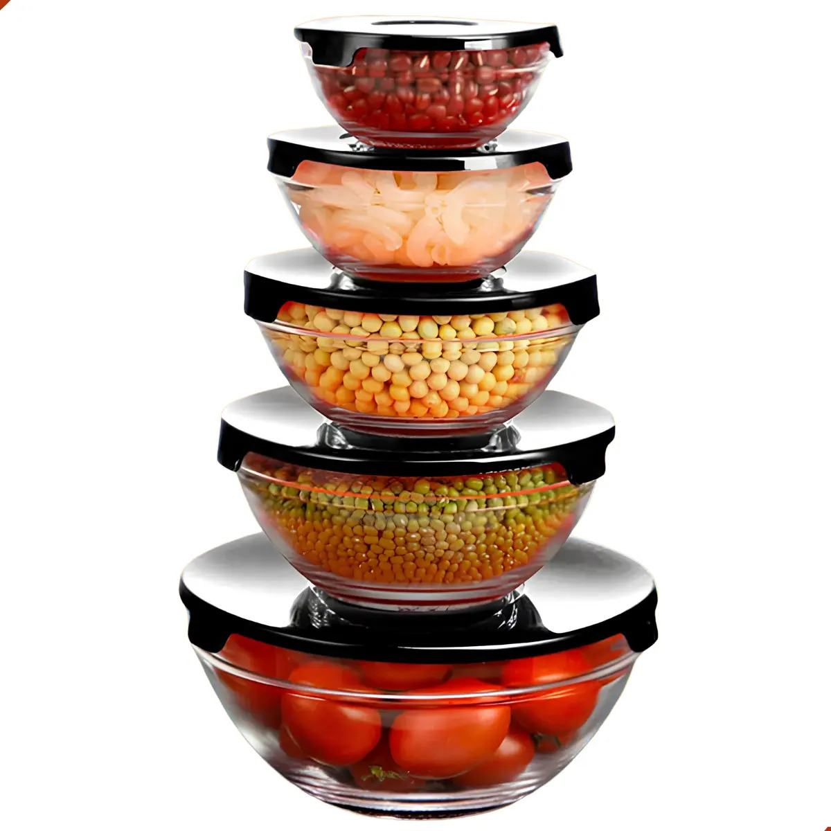 Conjunto de potes redondos com 5 tigelas de vidro e tampas coloridas sortidas Ms Variedades E Utilidades.