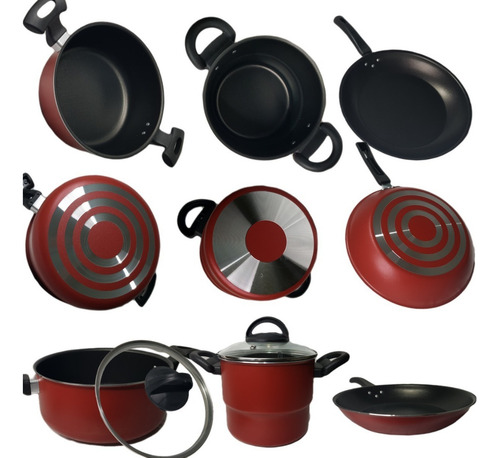 Conjunto De 4 Peças Antiaderente + 1 Espátula Nylon Cor Vermelho