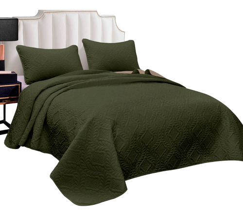 Colcha Individual Diamante 2 Vistas Capitonado Sin Hilos Color Verde/beige
