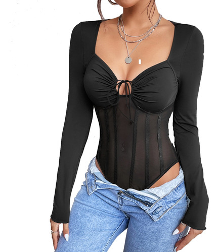 Blusa Body Corselet Corset Balada Fiesta Malla Manga Larga