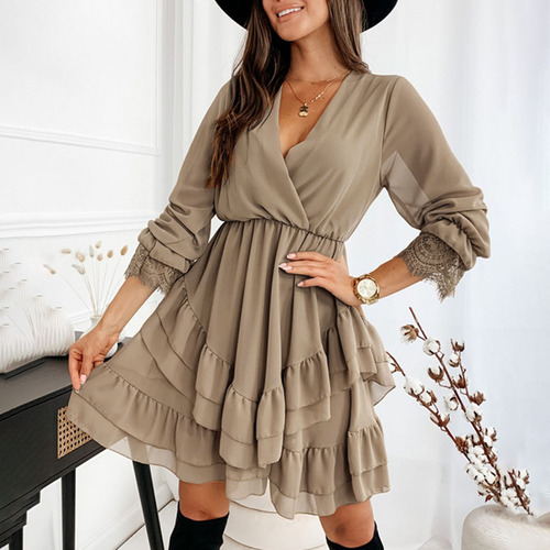 New.. Falda De Volantes Con Cuello En V Y Manga Larga Con