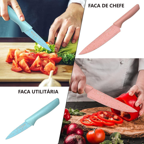 Conjunto de Facas para Cozinha com Suporte de Madeira - Kit de 7 Peças, Inclui Faca para Churrasco e Tábua de Corte