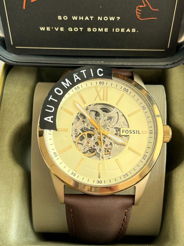 Reloj automático para hombre Fossil Marron Bq2382 Imp Usa, correa, color marrón, bisel, color dorado, fondo dorado