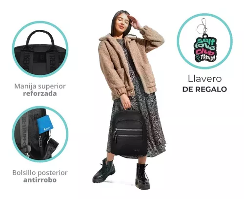 Mochilas Mujer Eco Cuero Antirobo Trendy Urbana Llavero