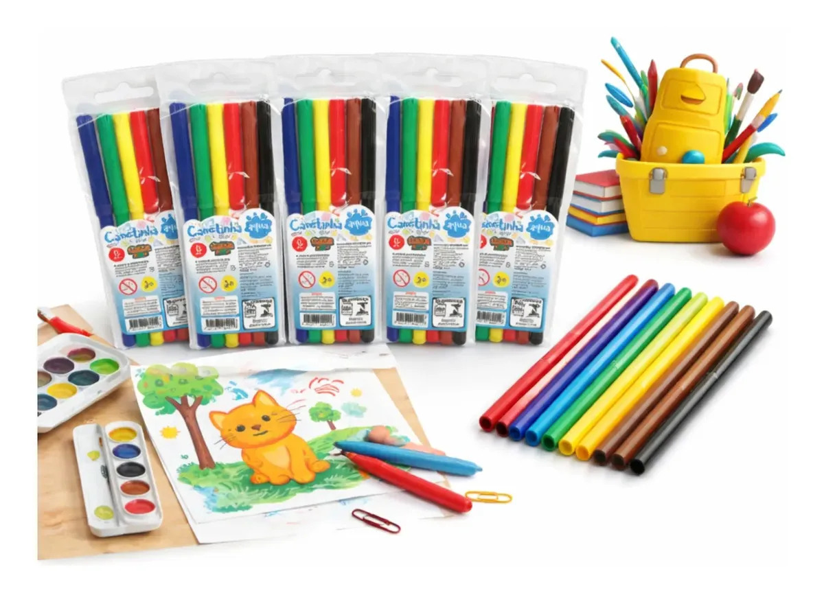 Canetinha Infantil Lavável 6 Cores Hidrográfica Papelaria Sortida