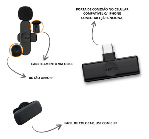 Microfone Duplo Kaidi Kmf6-c Wireless Usb-c Para Smartphones Cor Preto