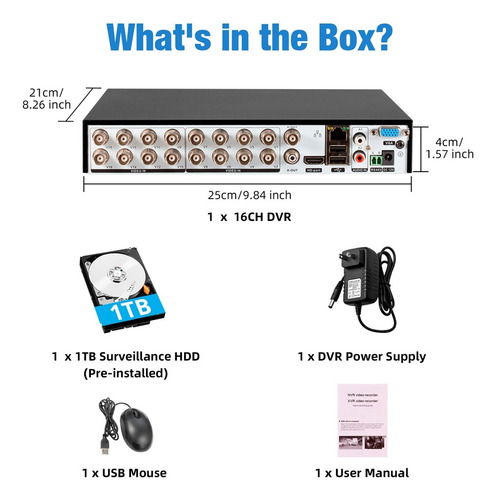 Dvr,16 Canales, 1080p, Ip, H265+, Hd, Audio Y Vídeo 1tb Disk