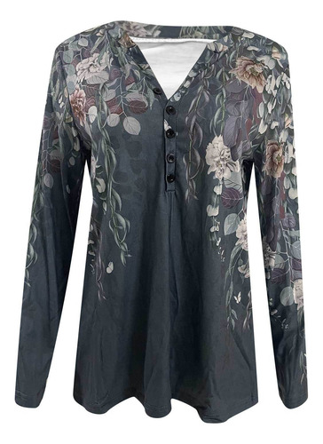 Blusa Delgada Con Botones De Manga Larga Con Estampado Para