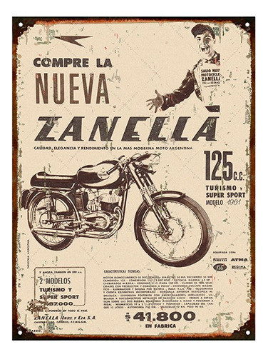 Cartel Chapa Publicidad Antigua Zanella 125cc Y205