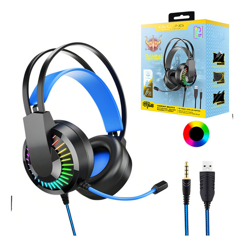 Auriculares LED para jugadores Ovleng Gt68 con micrófono giratorio, color azul claro