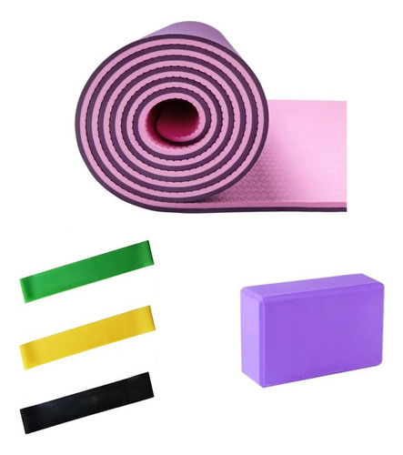 Yoga Mat Eco Tpe 2 Tonos + 1 Ladrillo Goma Eva + Bandas X3