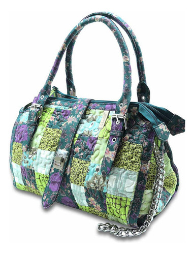 Bolsa Feminina Ombro Nuanda Orchid Patchwork Giulianna Fiori Cor Verde/Roxo Desenho do tecido Costura